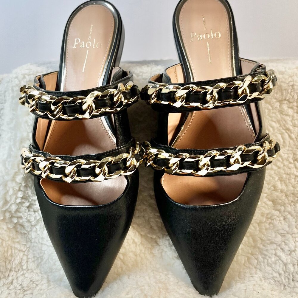 Linea Paolo Aurel Mules | Black Pointed Toe Flats w/ Double Chain | Size 8.5